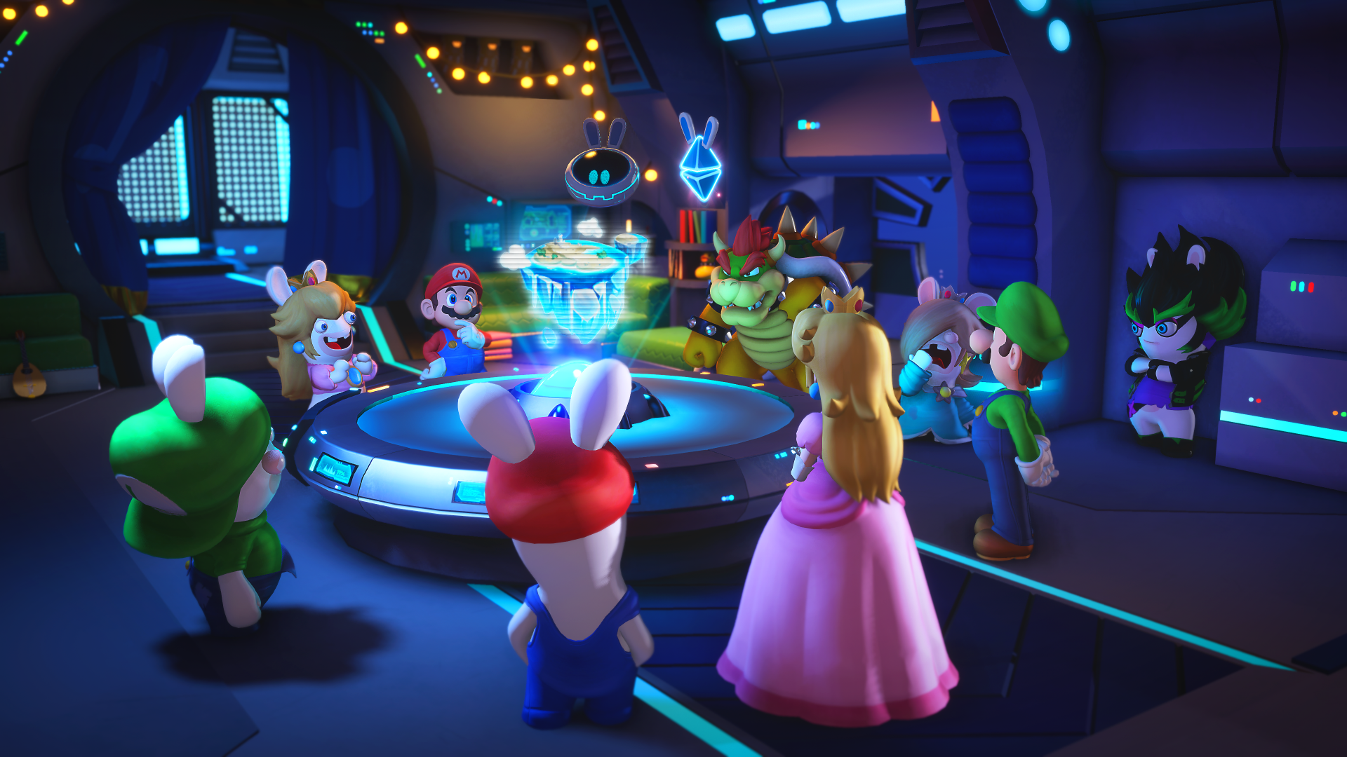 Personnages de Mario et Lapins Crétins dans un vaisseau spatial. Mario, Peach, Luigi et Bowser sont visibles. Hologramme au centre.