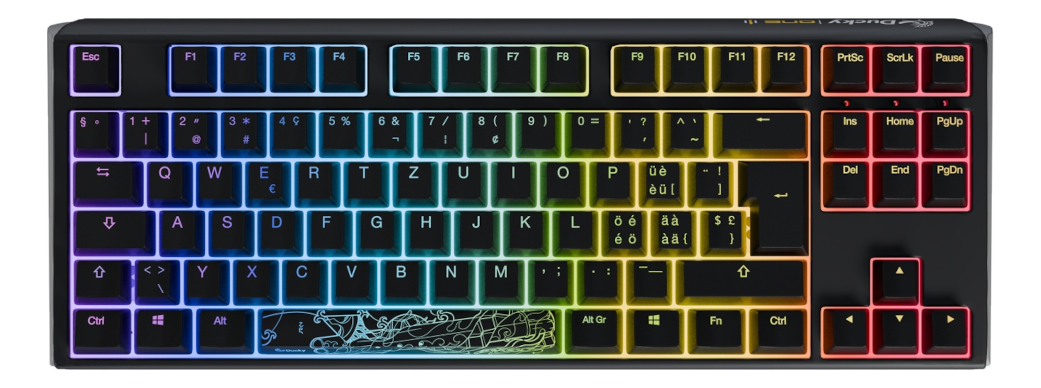 Schwarze mechanische Tastatur mit bunten Tasten. Enthält Funktionstasten, alphanumerische Tasten und Pfeiltasten.