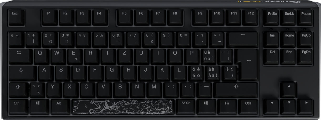 Schwarze Ducky One 3 Tastatur mit weißen Buchstaben und Symbolen. Es hat eine gemusterte Leertaste.