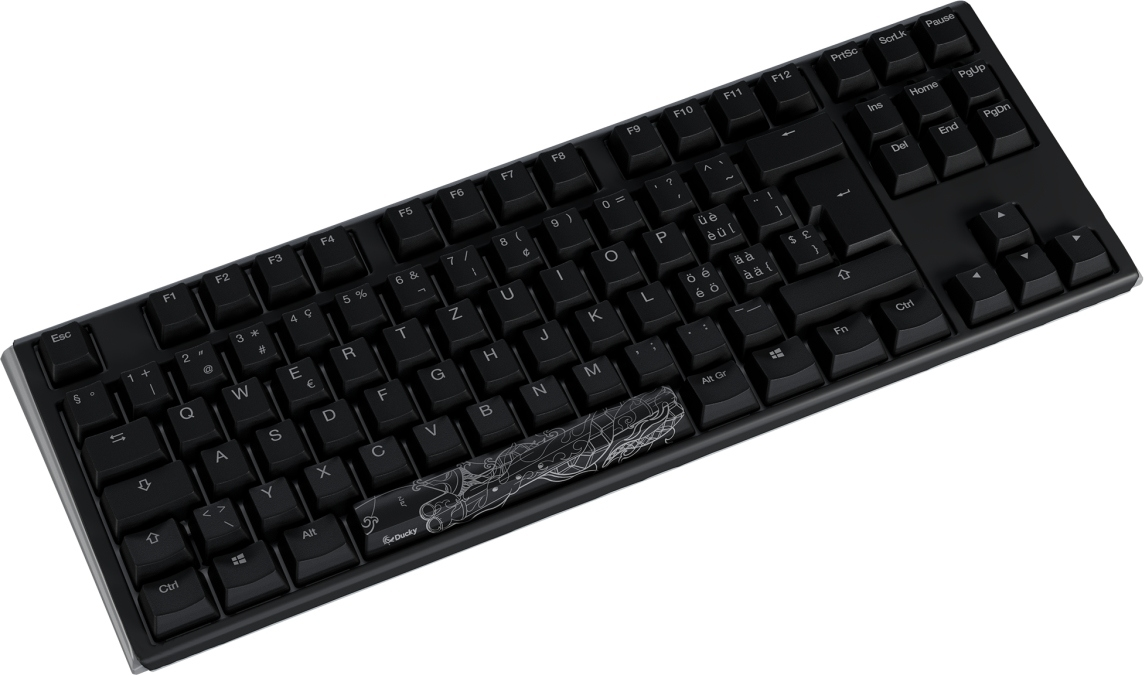 Schwarze mechanische Tastatur mit weißer Beschriftung, Sondertaste mit Design.