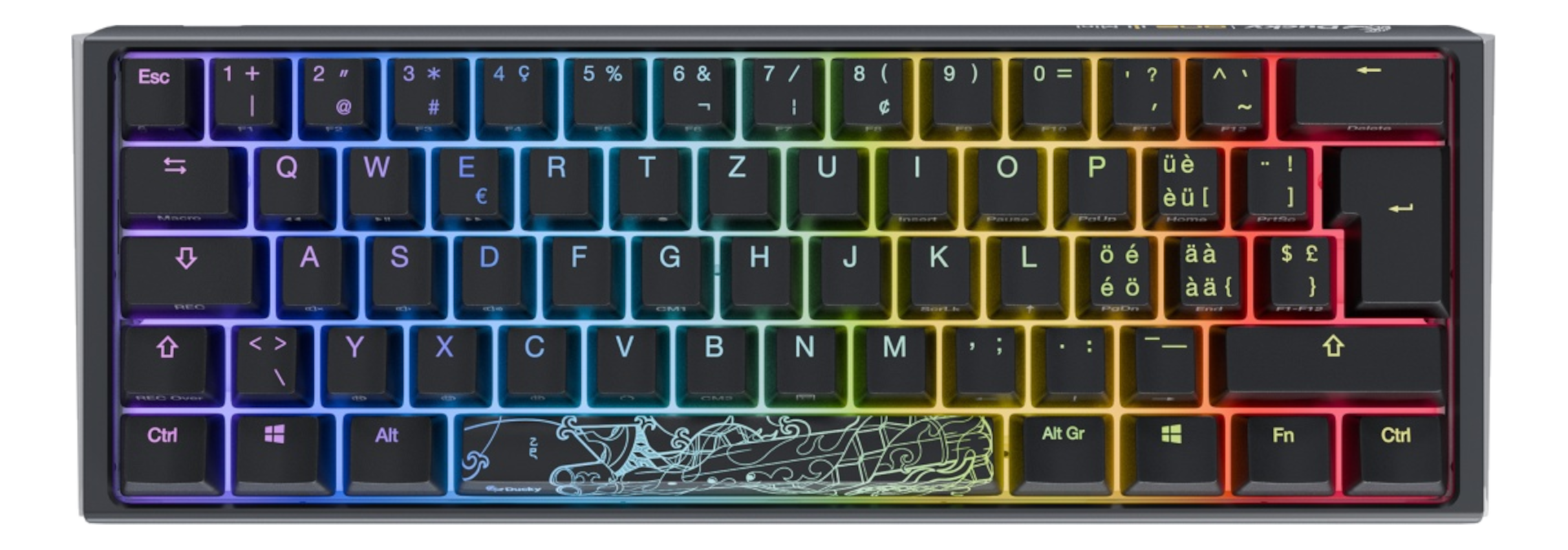 Kompakte, schwarze mechanische Tastatur mit Regenbogen-Hintergrundbeleuchtung. Tasten mit weißer Beschriftung. Die Leertaste hat ein Kunstwerk.