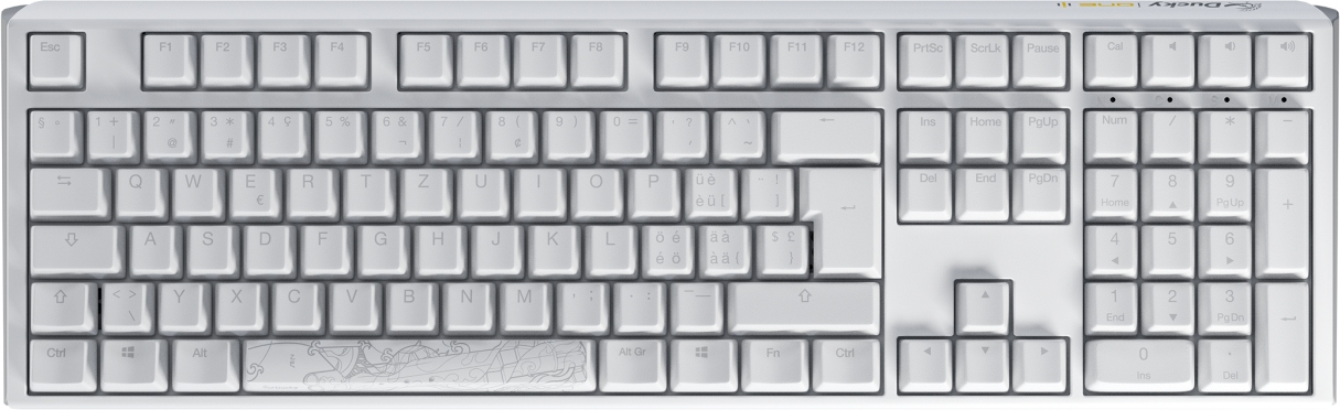 Eine weiße mechanische Ducky One 3-Tastatur mit weißen Tastenkappen und schwarz gedruckten Zeichen. Enthält einen Ziffernblock.