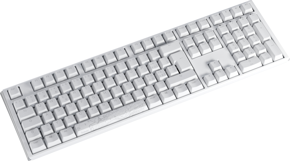 Eine weiße mechanische Tastatur mit verschiedenen Tasten, einschließlich Funktionstasten, Buchstaben und Zahlen. Einige Tasten haben Symbole.