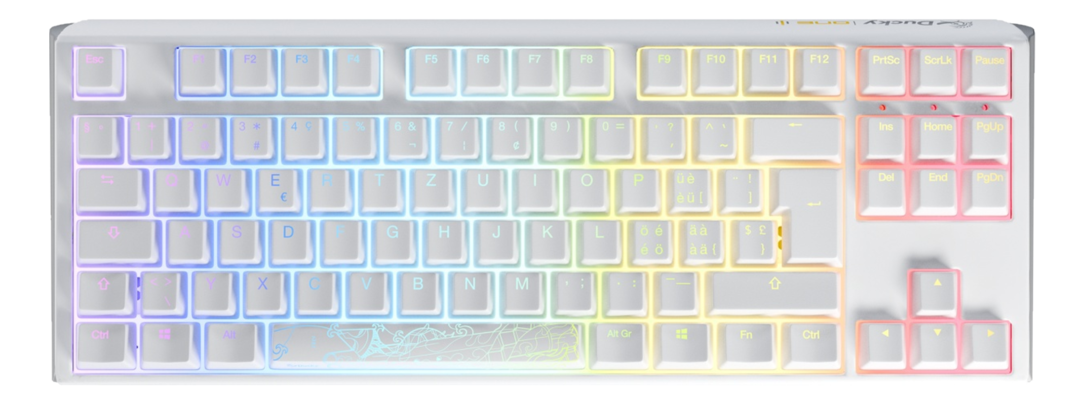 Weiße mechanische Tastatur mit Hintergrundbeleuchtung. Enthält Funktionstasten, alphanumerische Tasten und Navigationstasten.