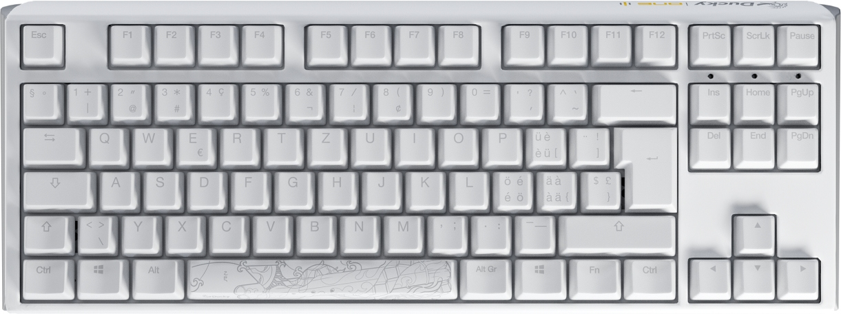 Eine weiße mechanische Tastatur mit verschiedenen Tasten, die mit Buchstaben, Zahlen und Symbolen beschriftet sind.