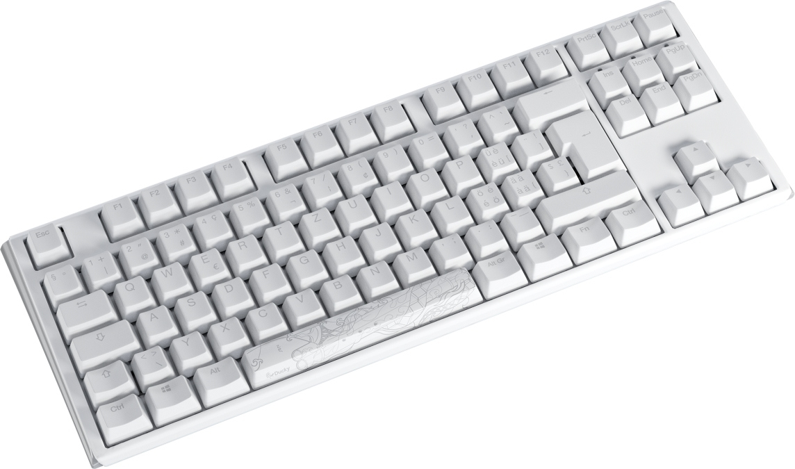 Eine weiße mechanische Tastatur mit verschiedenen Tasten. Die Leertaste hat ein dekoratives Design. Die Tasten sind mit Buchstaben und Symbolen beschriftet.