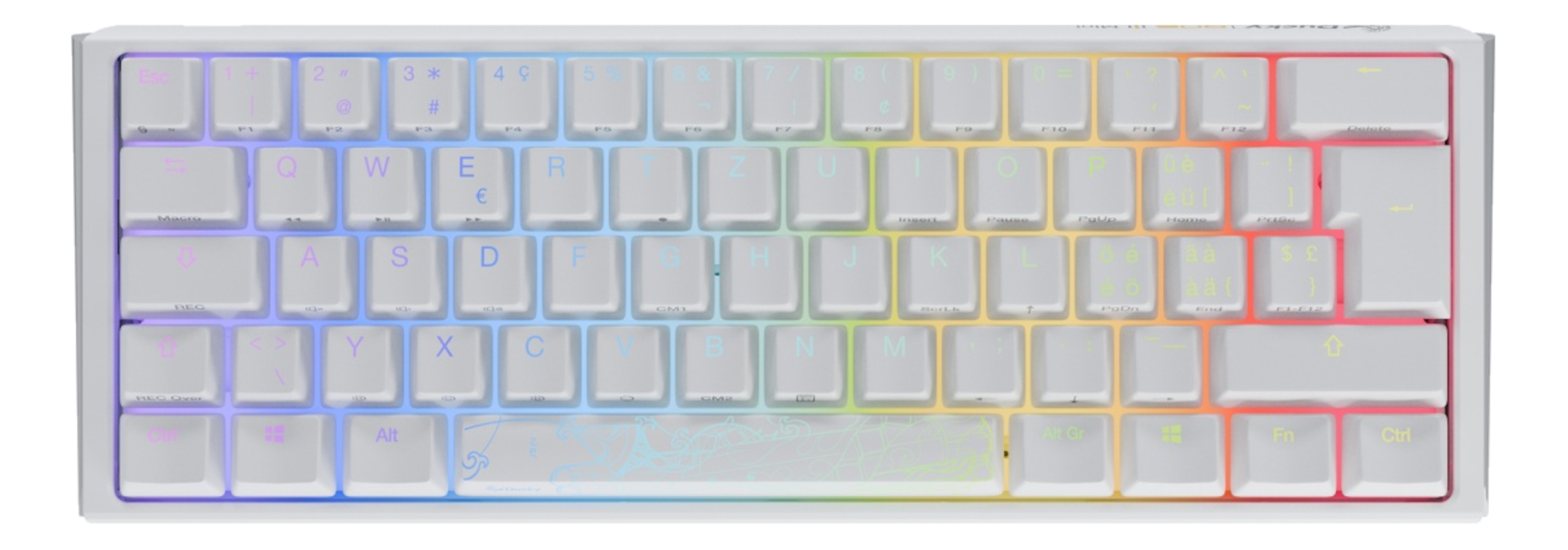 Weiße mechanische Tastatur mit verschiedenen Tasten und Regenbogen-Hintergrundbeleuchtung.