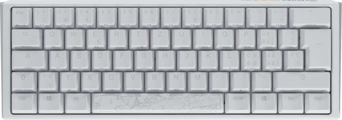Eine weiße, kompakte mechanische Tastatur mit hellgrauen Tastenkappen. Buchstaben, Zahlen und Symbole sind auf den Tasten gedruckt. Ein dekoratives Muster befindet sich auf der Leertaste.