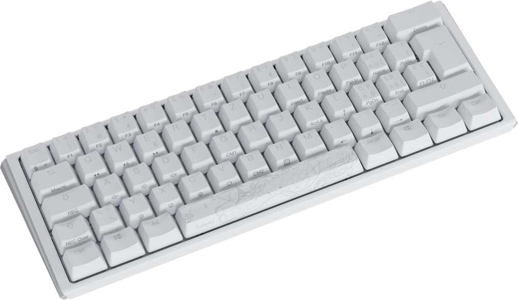 Eine weiße mechanische Tastatur mit hellgrauen Tastenkappen. Die Tastatur hat ein 60 %-Layout mit einem Ducky-Logo auf der Leertaste.
