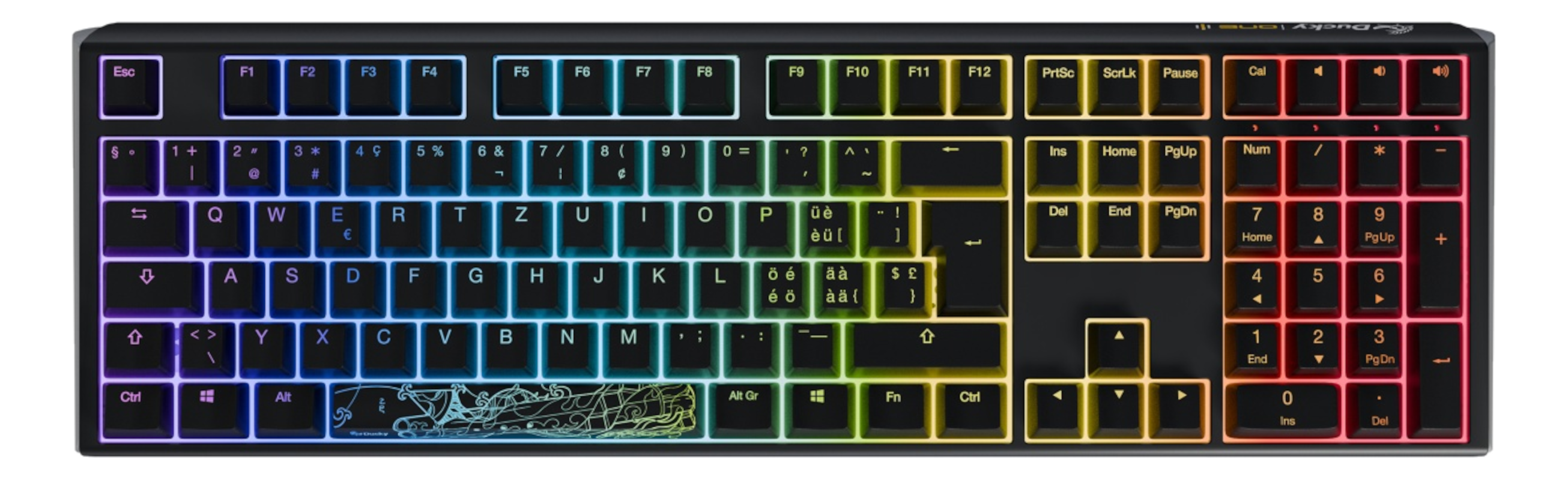 Schwarze mechanische Tastatur mit bunten beleuchteten Tasten. Enthält Funktionstasten, Zahlen, Buchstaben und Sonderzeichen.