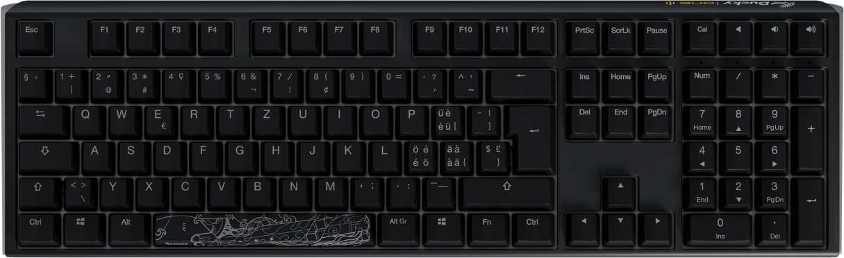 Schwarze Ducky One 3-Tastatur. Sie hat weiße Buchstaben und Zahlen. Die Tastatur hat einen Ziffernblock und Funktionstasten.