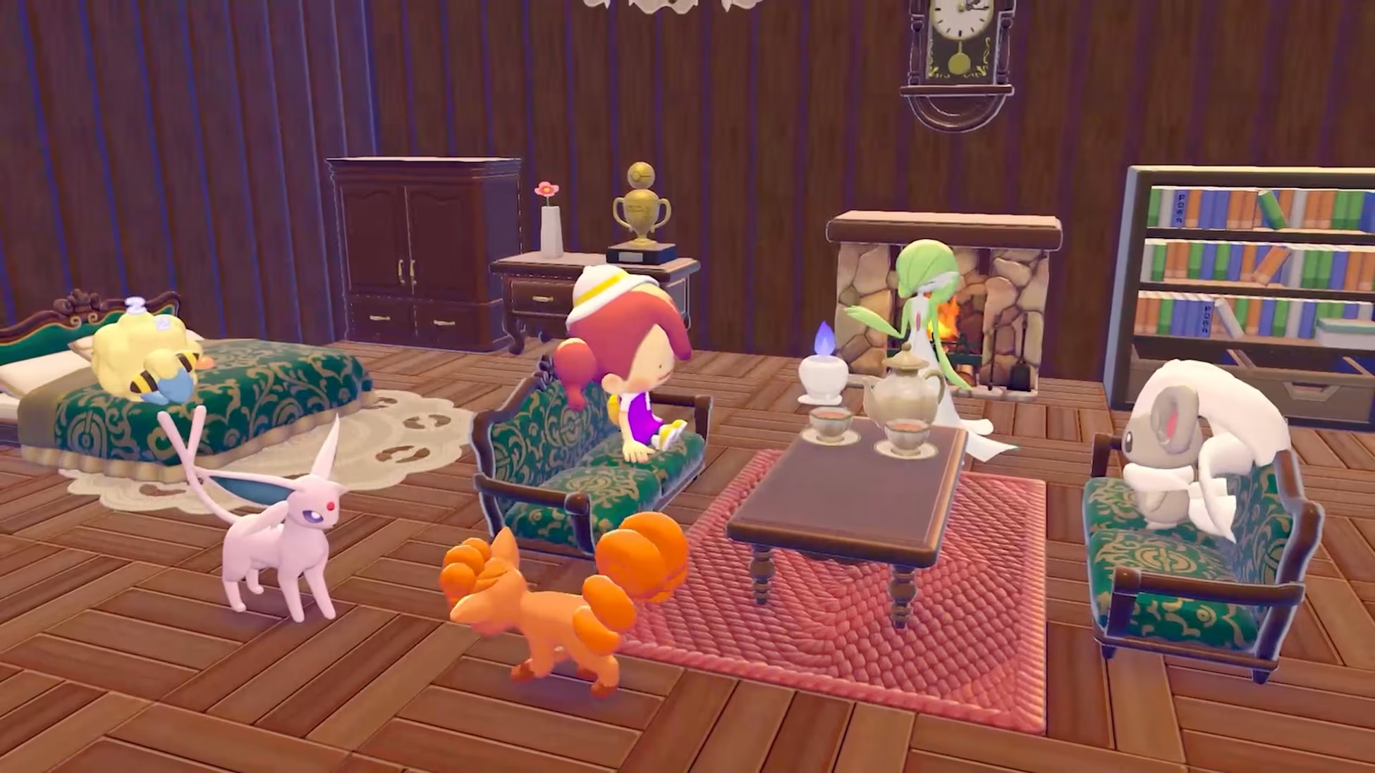 Un interno a cartoni animati con personaggi e mobili. I personaggi includono i Pokémon e una persona. Un camino e un orologio sono visibili.