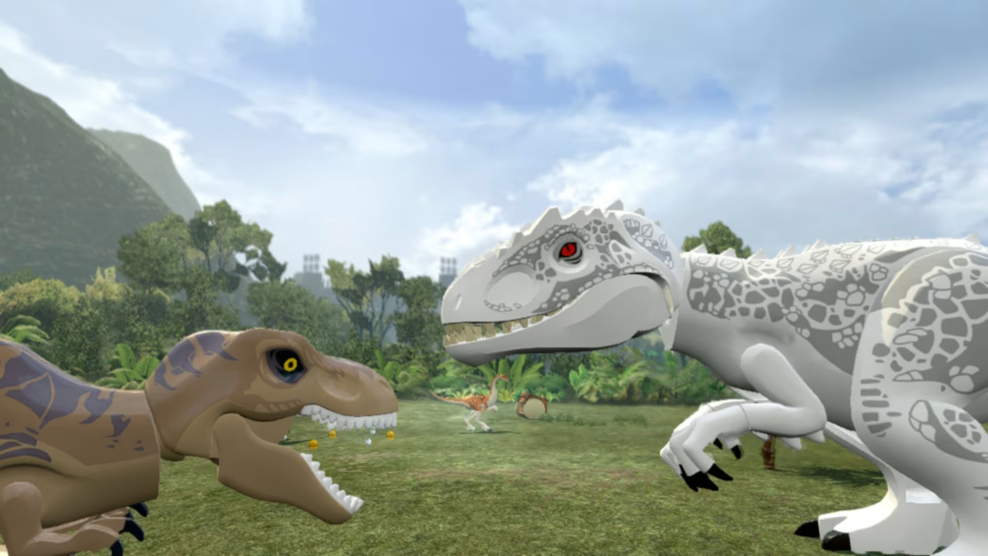 Due dinosauri Lego si fronteggiano. Uno è marrone, l'altro bianco. Dinosauri più piccoli sullo sfondo.
