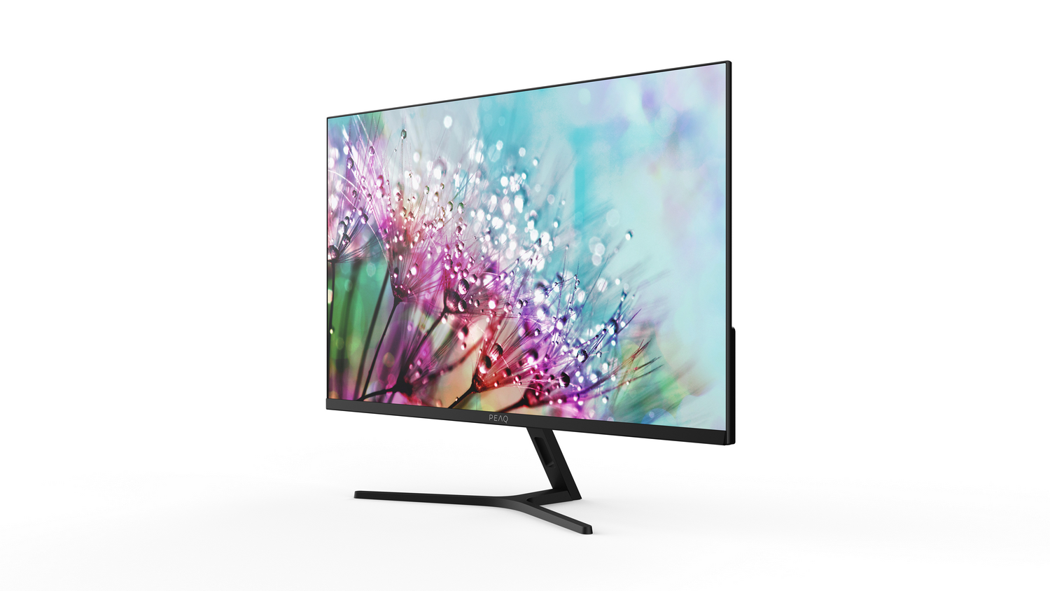 Un monitor de computadora con una pantalla floral. La pantalla muestra un primer plano de una flor similar al diente de león con gotas de agua.