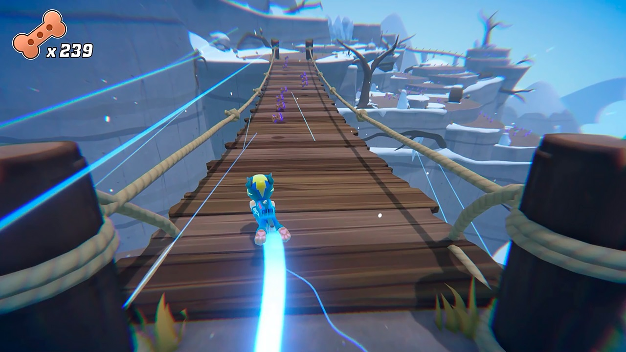 Eine Zeichentrickfigur rutscht über eine Holzbrücke in einer verschneiten Landschaft. Die Brücke hat Seilgeländer und eine blaue Energiespur.
