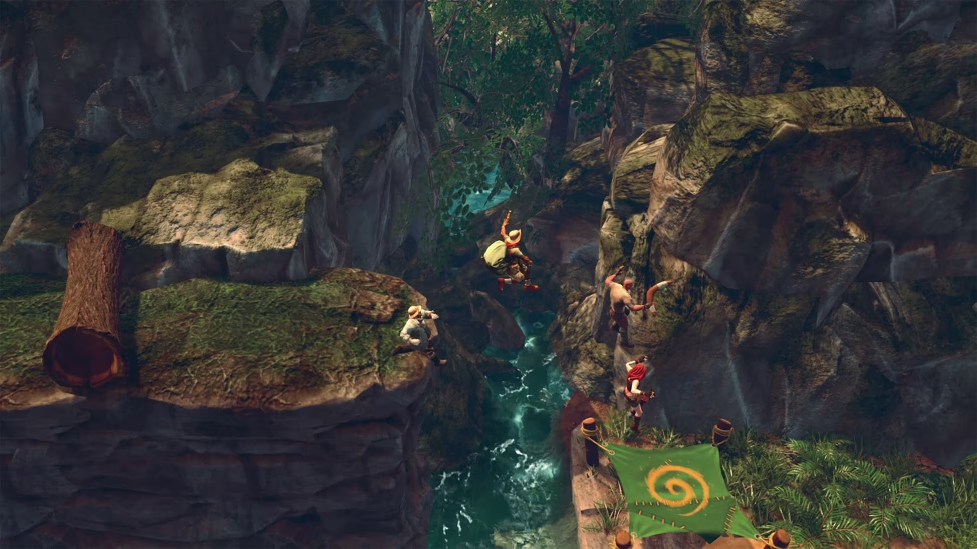 Una scena di gioco mostra persone che scalano scogliere sopra un fiume. Una persona salta. Una bandiera verde è appesa in primo piano.