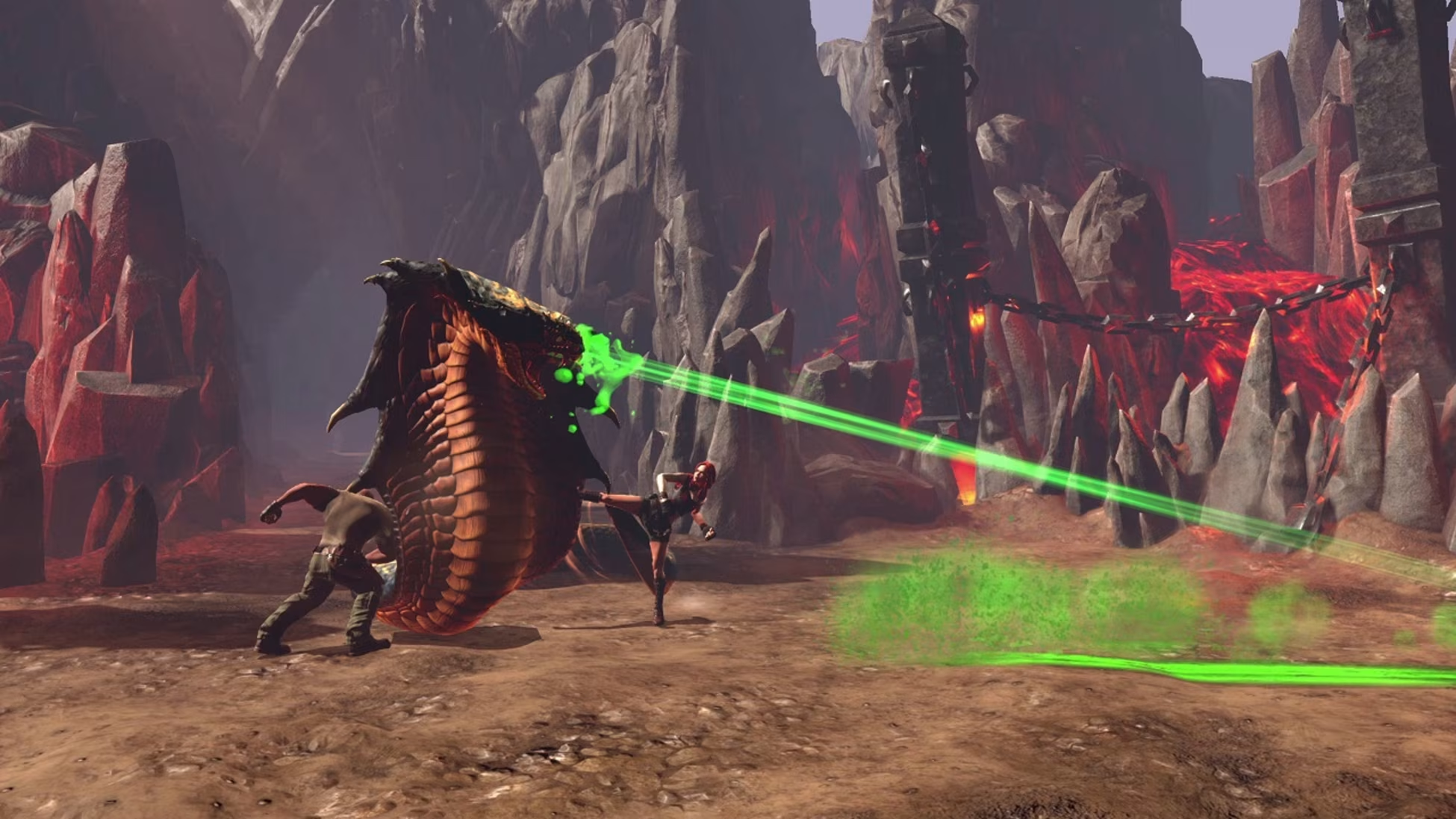 Un cobra gigante combatte contro due persone. Il serpente spara un laser verde. Sfondo vulcanico.