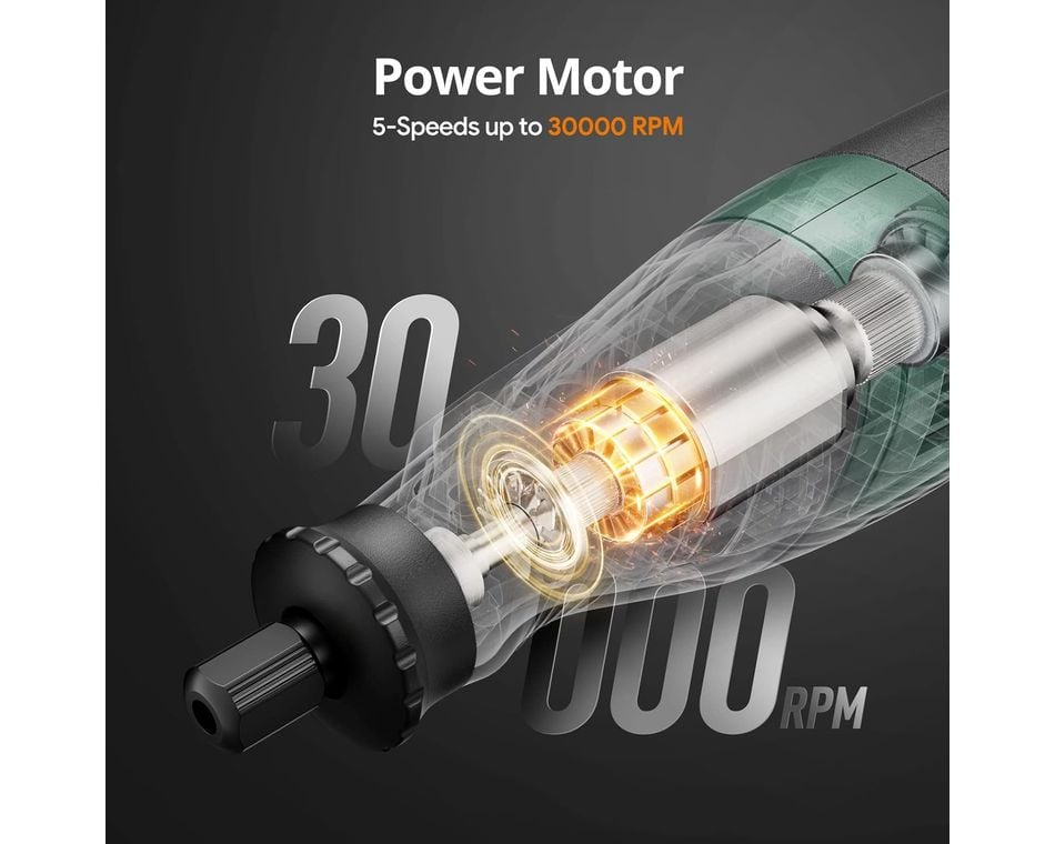 A kép egy elektromotort mutat, kiemelt belső alkatrészekkel. A szöveg 5 sebességet jelez 30000 RPM-ig.