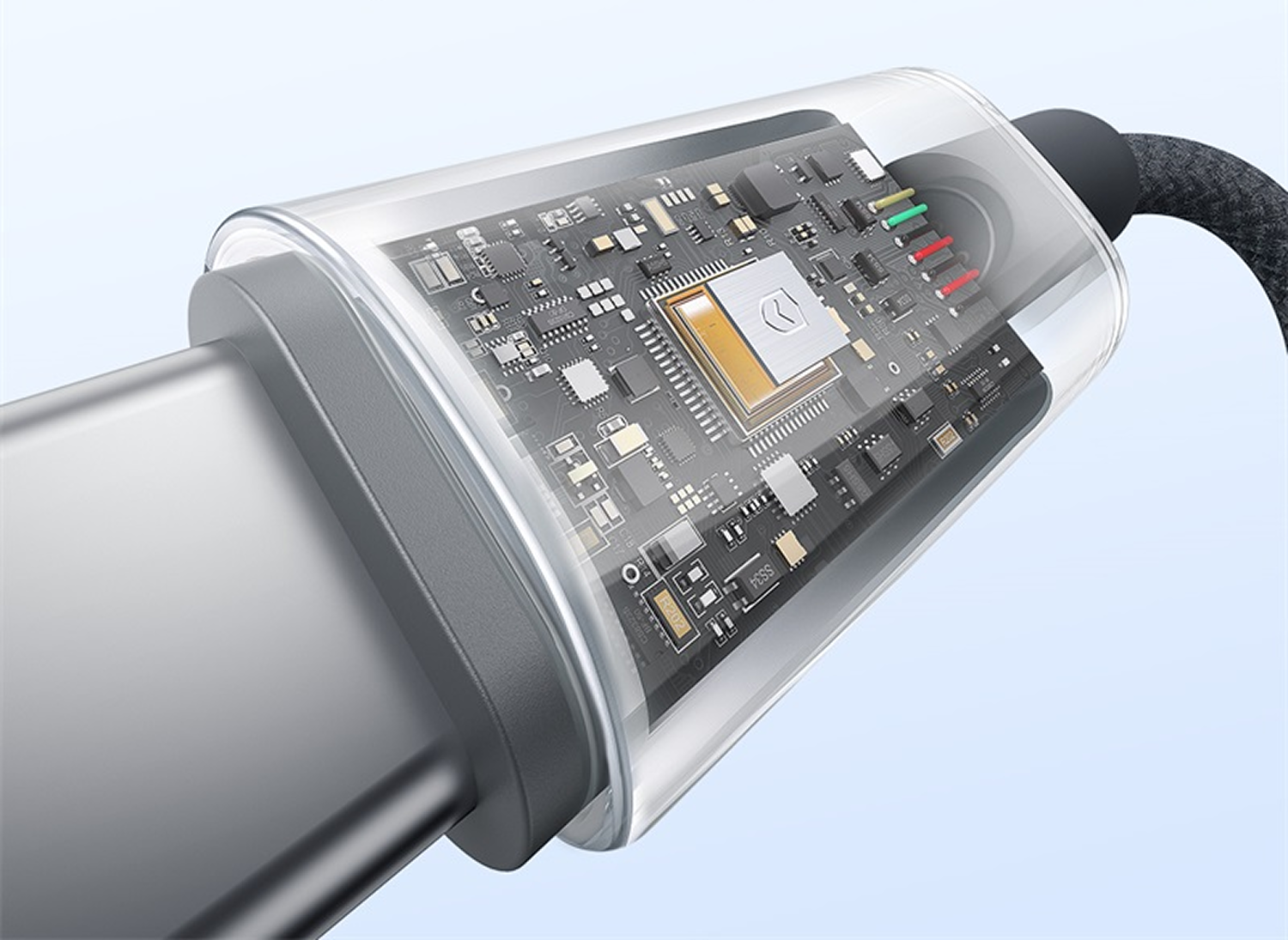 Primer plano de un cable USB-C con carcasa transparente que revela circuitos internos y cables, colores gris y negro.