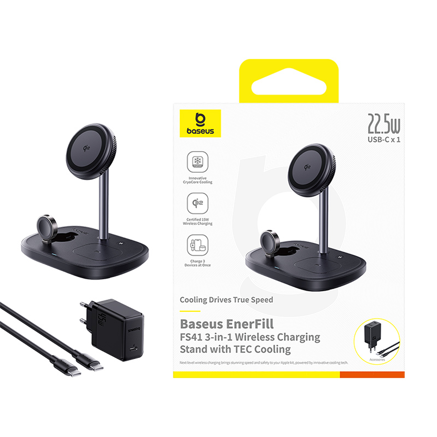 Un soporte de carga inalámbrica Baseus 3 en 1 negro con un cargador de teléfono, un cargador de reloj y un adaptador de corriente sobre fondo blanco.