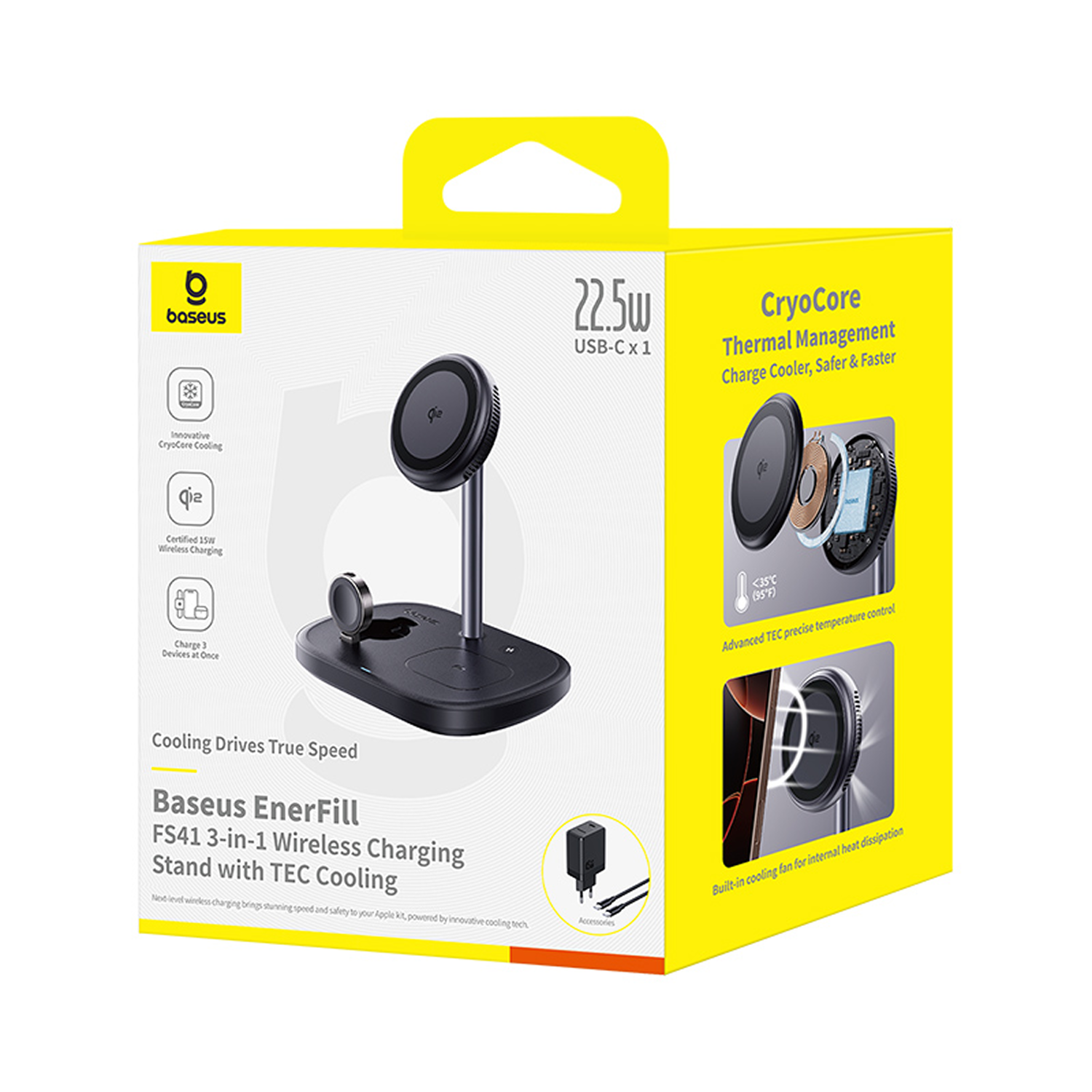 Baseus EnerFill FS41 base de carga inalámbrica 3 en 1. Es negro y amarillo, con base, adaptador de corriente y texto promocional.