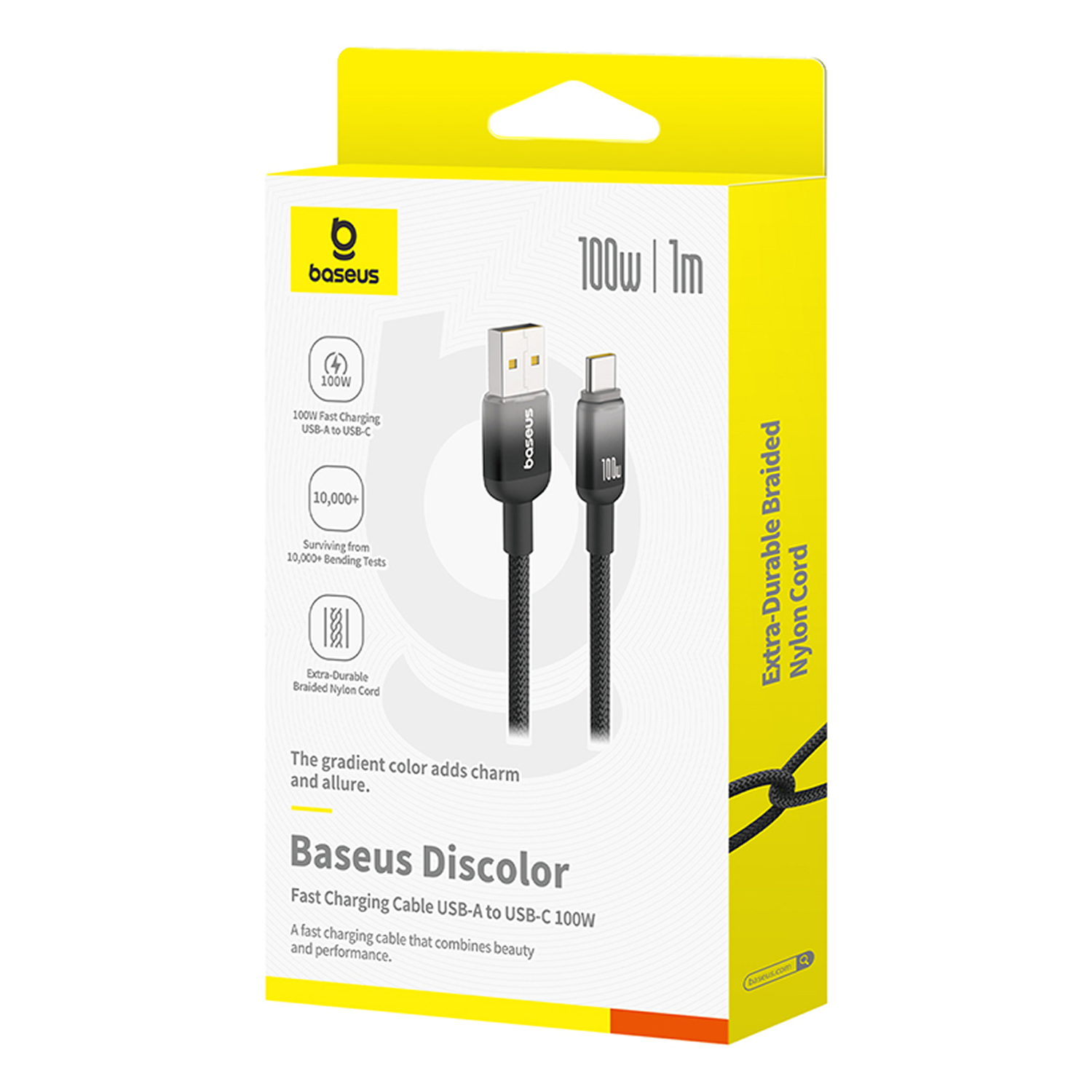 Una caja amarilla y blanca con un cable de carga negro dentro. El texto incluye 'baseus', '100W' y 'Extra-Durable Braided Nylon Cord'.