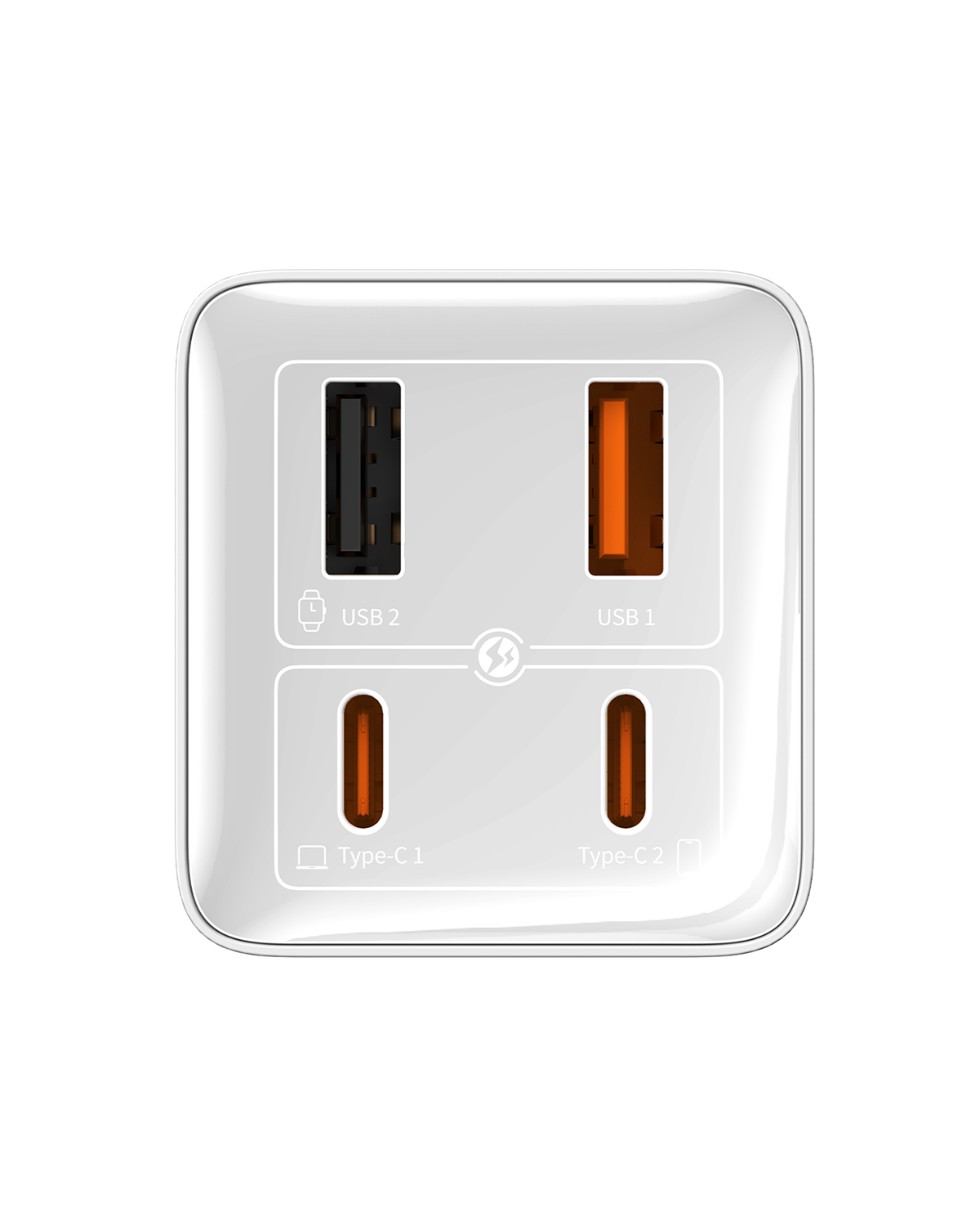 Un adaptador de corriente blanco con cuatro puertos de carga: USB 2, USB 1, Tipo-C 1 y Tipo-C 2. Los puertos son negros y naranjas.