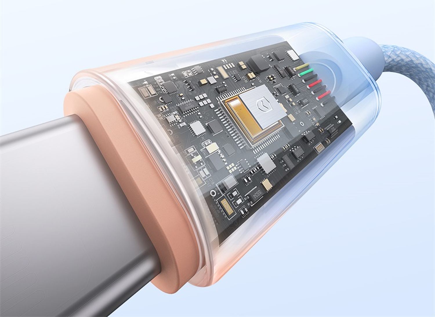 Primer plano de un conector de cable USB-C. La carcasa transparente muestra la placa de circuito interna con varios componentes y cables de colores.