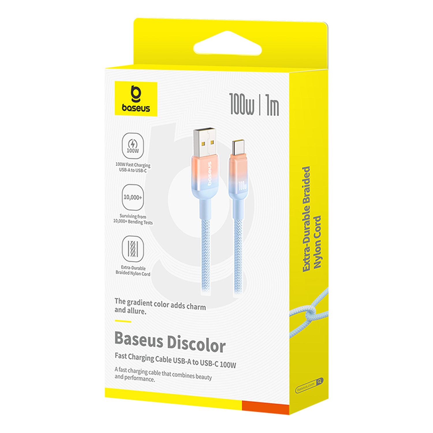 Caja del cable de carga Baseus Discolor USB-A a USB-C. Caja amarilla con imagen del cable. Características: 100W, cable de nailon trenzado.