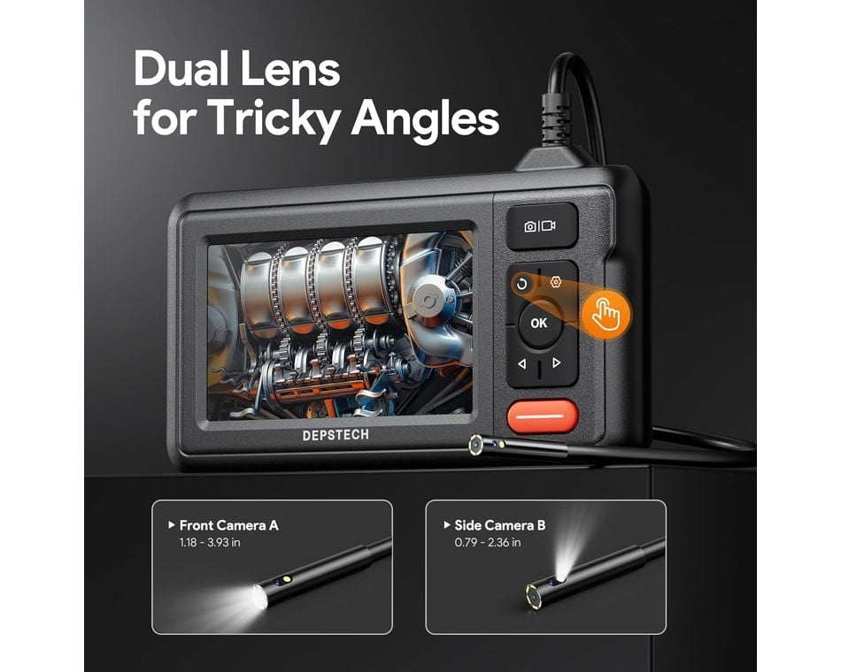 Egy endoszkóp egy motorot mutató képernyővel. Két kis kamera látható alul. Szöveg: Dual Lens for Tricky Angles, DEPSTECH.