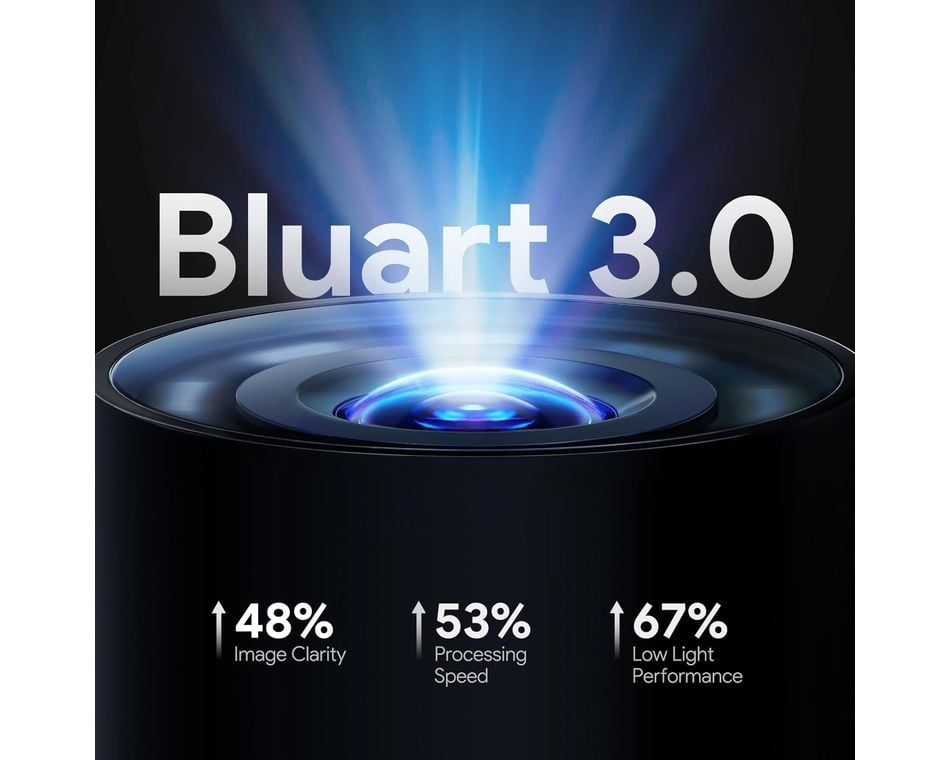 A kép a 'Bluart 3.0'-t mutatja kék fényhatással. A statisztikák a következők: 48% képélesség, 53% feldolgozási sebesség és 67% gyenge fényviszonyok melletti teljesítmény.