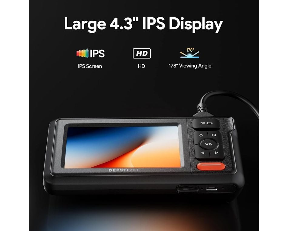 Egy fekete eszköz képernyővel, gombokkal és kábellel. A szöveg tartalmazza: 'Large 4.3" IPS Display', 'IPS', 'HD' és '178° Viewing Angle'.