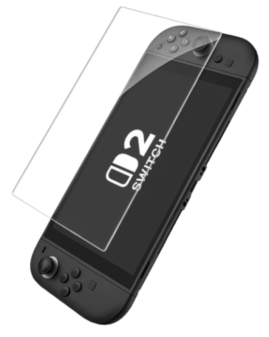 Konsola Nintendo Switch z ochraniaczem ekranu. Ekran wyświetla 'D2 SWITCH'. Konsola jest czarna.