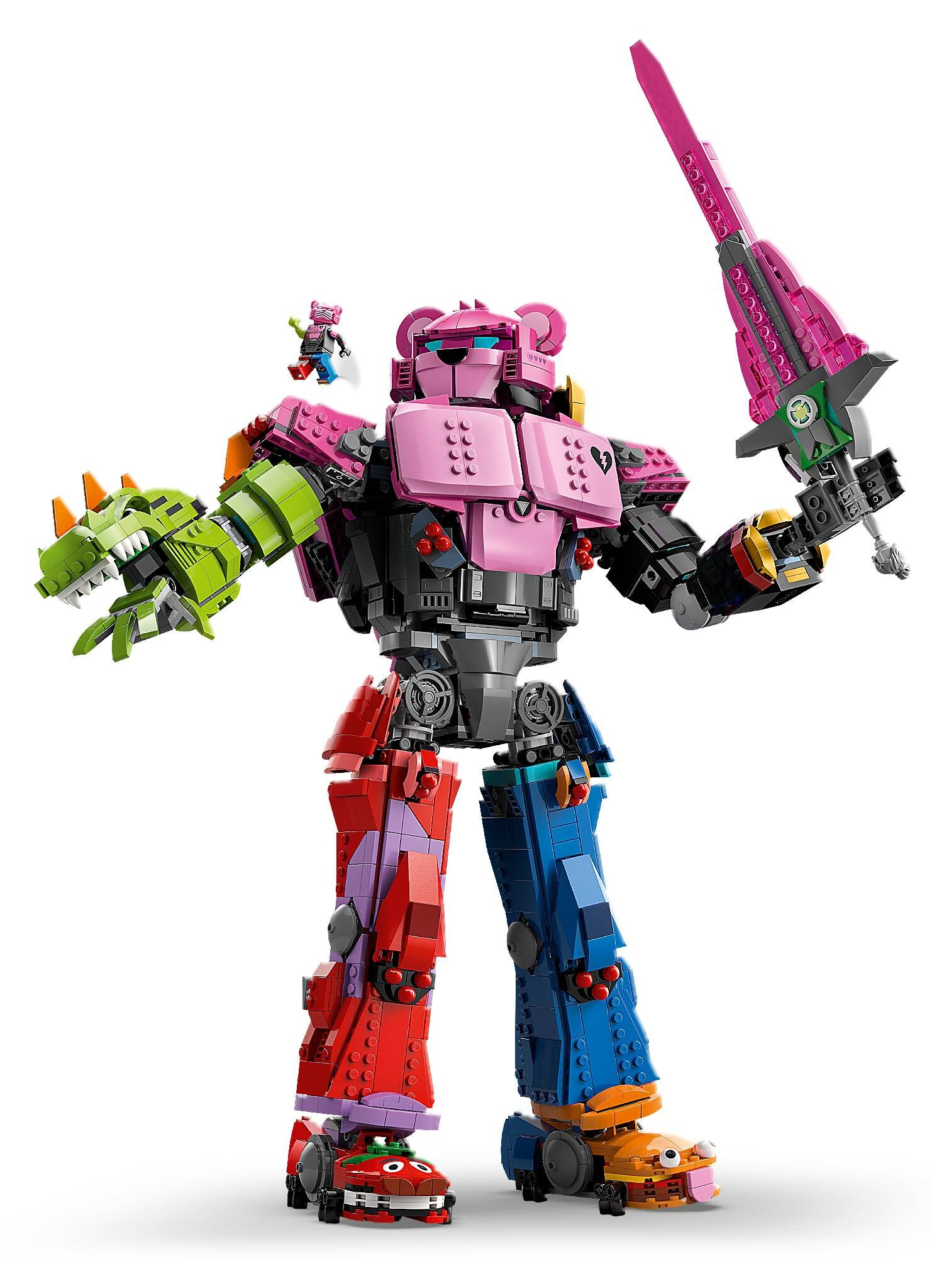 Kolorowy robot Lego z różową głową niedźwiedzia, zieloną ręką smoka i różowym mieczem, na białym tle.