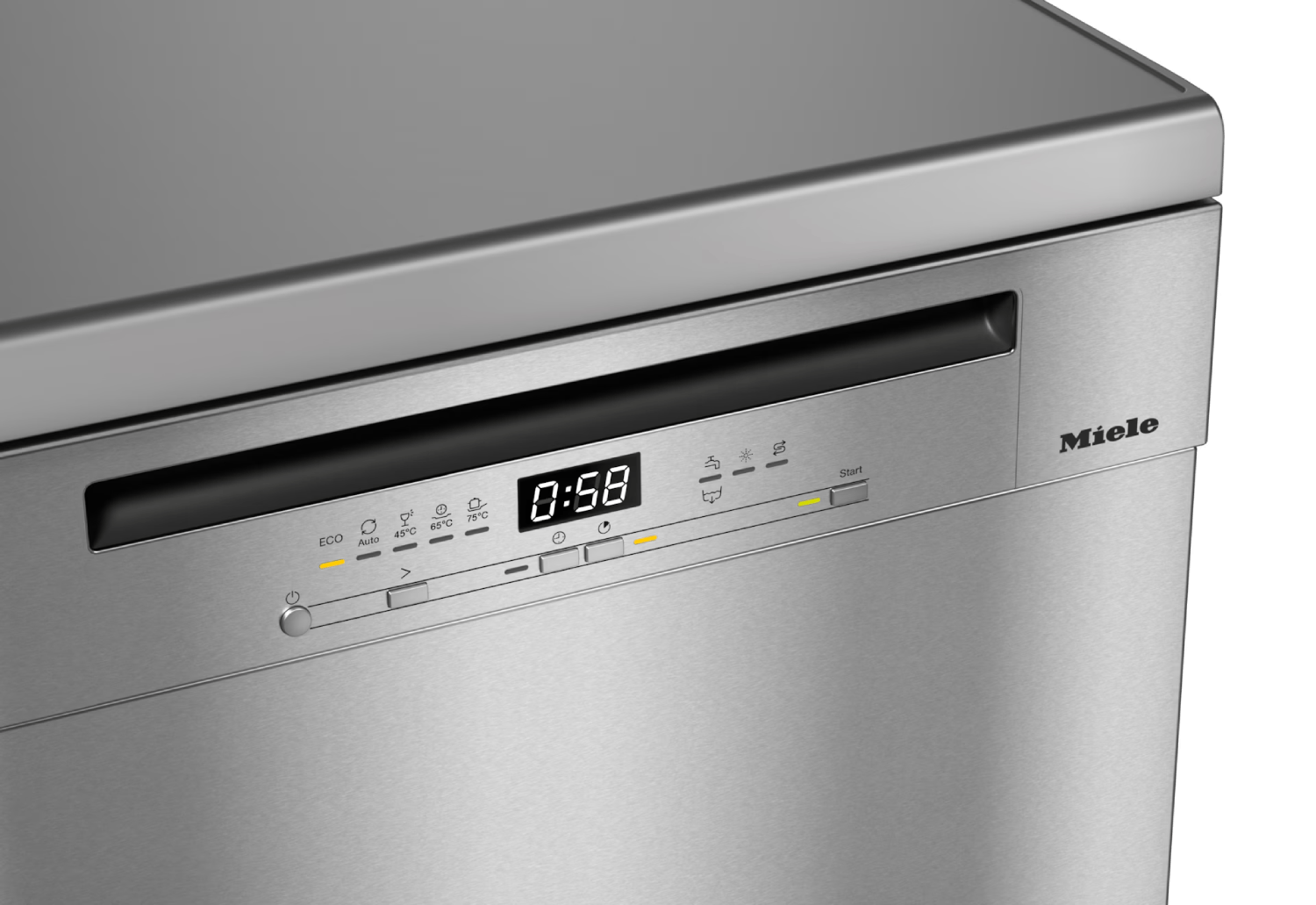 Primer plano de un lavavajillas Miele. La pantalla muestra 0:58. Botones para ajustes e inicio. Color acero con el logo de Miele.