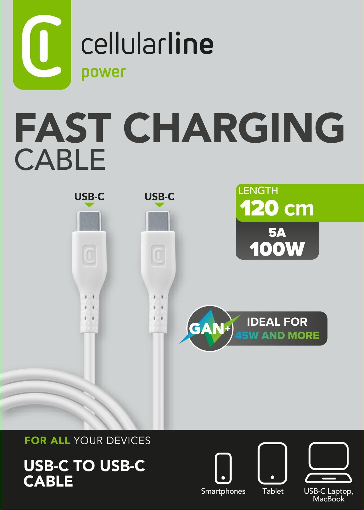 Cable USB-C blanco con conectores blancos, etiquetado 'Fast Charging Cable'. Longitud 120 cm, potencia 100W, ideal para smartphones, tablets y portátiles.