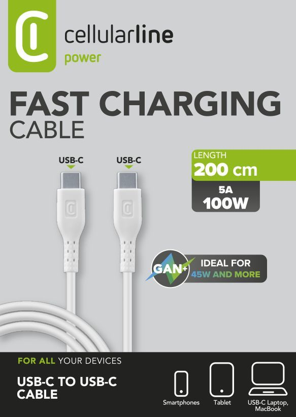 Cable USB-C blanco con conectores blancos, con la marca 'cellularline power' y 'FAST CHARGING CABLE'. Mide 200 cm.
