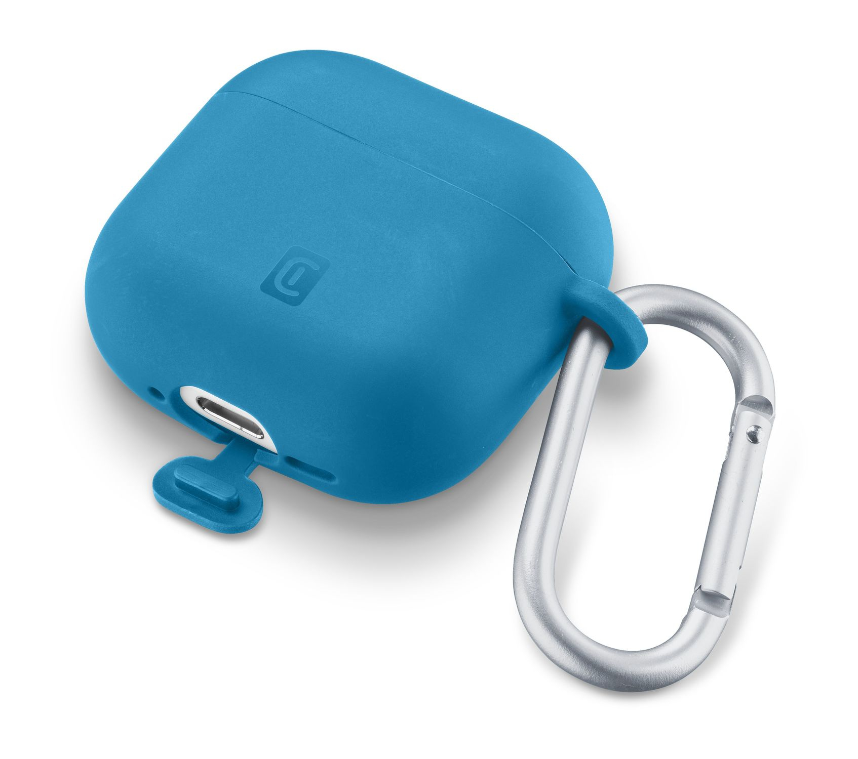 Una funda de silicona azul para auriculares con un mosquetón plateado, sobre un fondo blanco.