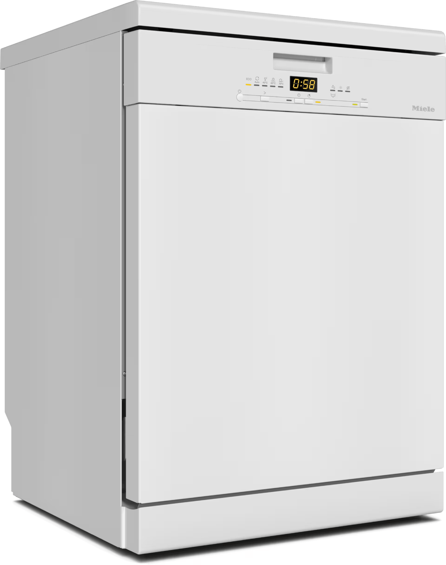 Se muestra un lavavajillas blanco Miele. Tiene una pantalla digital que muestra 0:58. La marca es visible a la derecha.