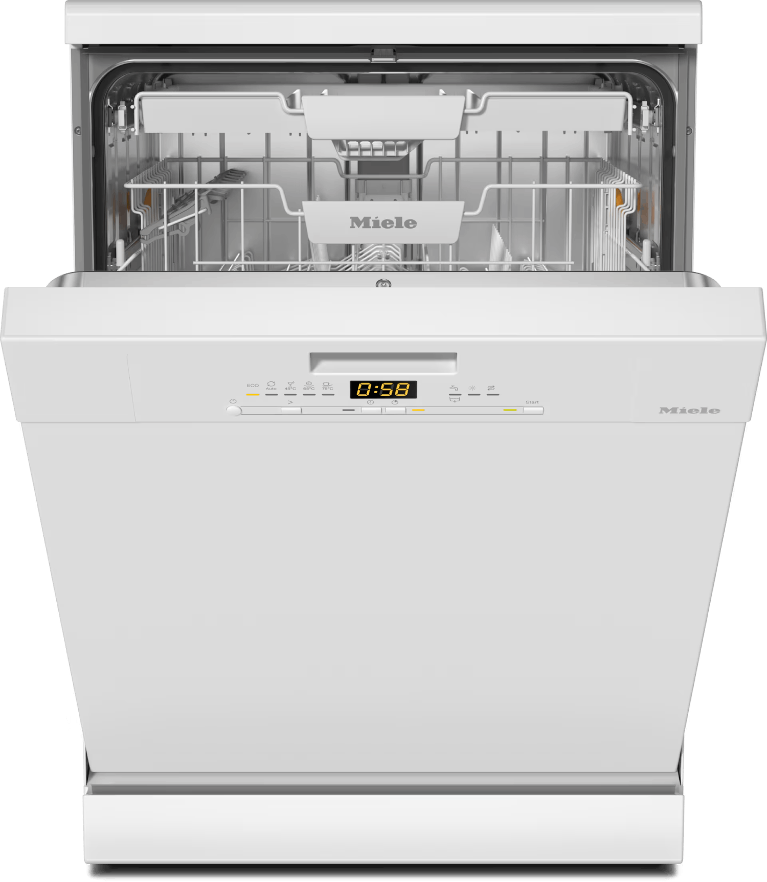 Un lavavajillas Miele blanco con la puerta abierta. La pantalla muestra 0:58. Las rejillas interiores son visibles.
