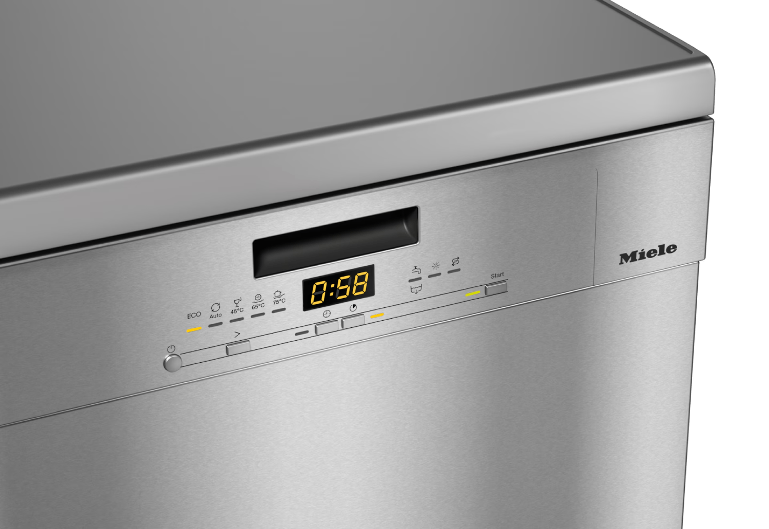 Primer plano del panel de control de un lavavajillas Miele de acero inoxidable. Muestra un temporizador con 0:58, varias opciones de programa y un botón de inicio.