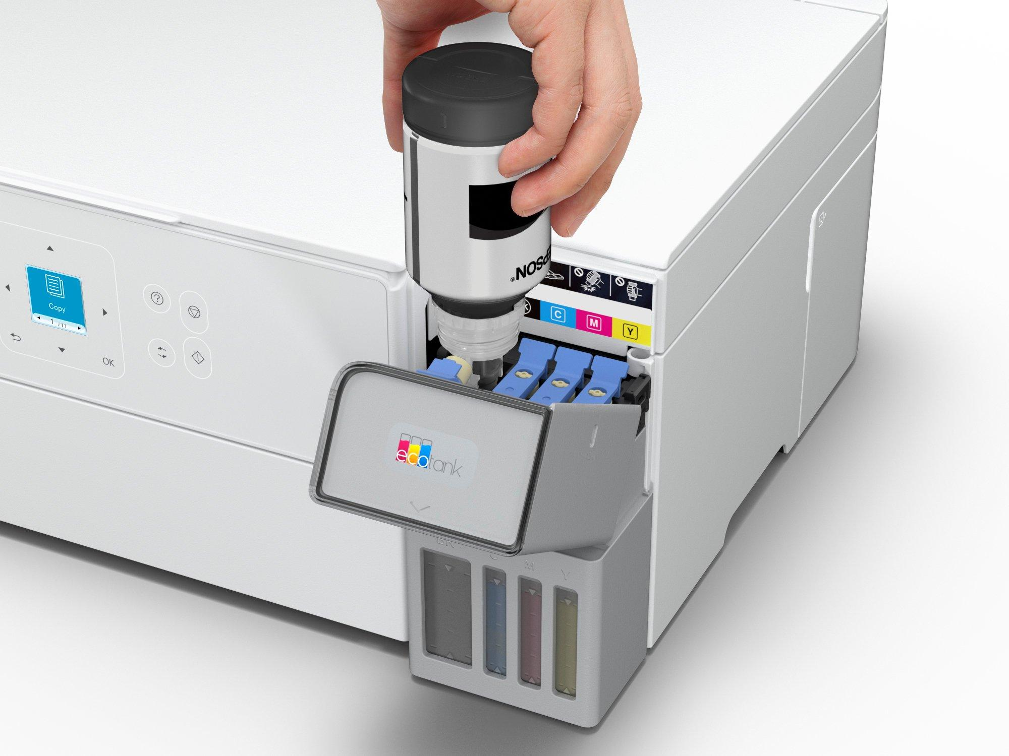 Ręka wlewa tusz do drukarki Epson. Drukarka jest biała, a butelka z tuszem czarno-biała.