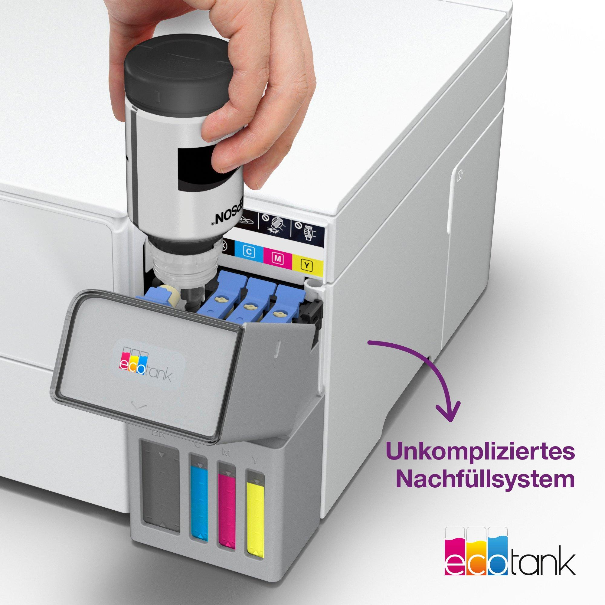 Hand gießt Tinte in den Tintenbehälter eines Epson-Druckers. Der Tank hat die Tintenfarben Cyan, Magenta und Gelb.