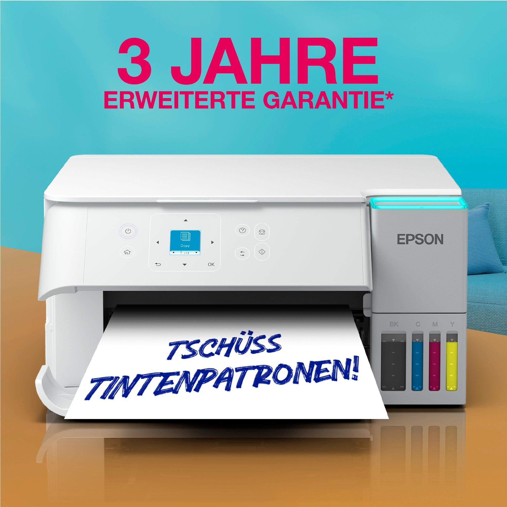 Ein Epson-Drucker mit Papierausgabe. Der Text lautet '3 Jahre erweiterte Garantie' und 'Tschüss Tintenpatronen!'.