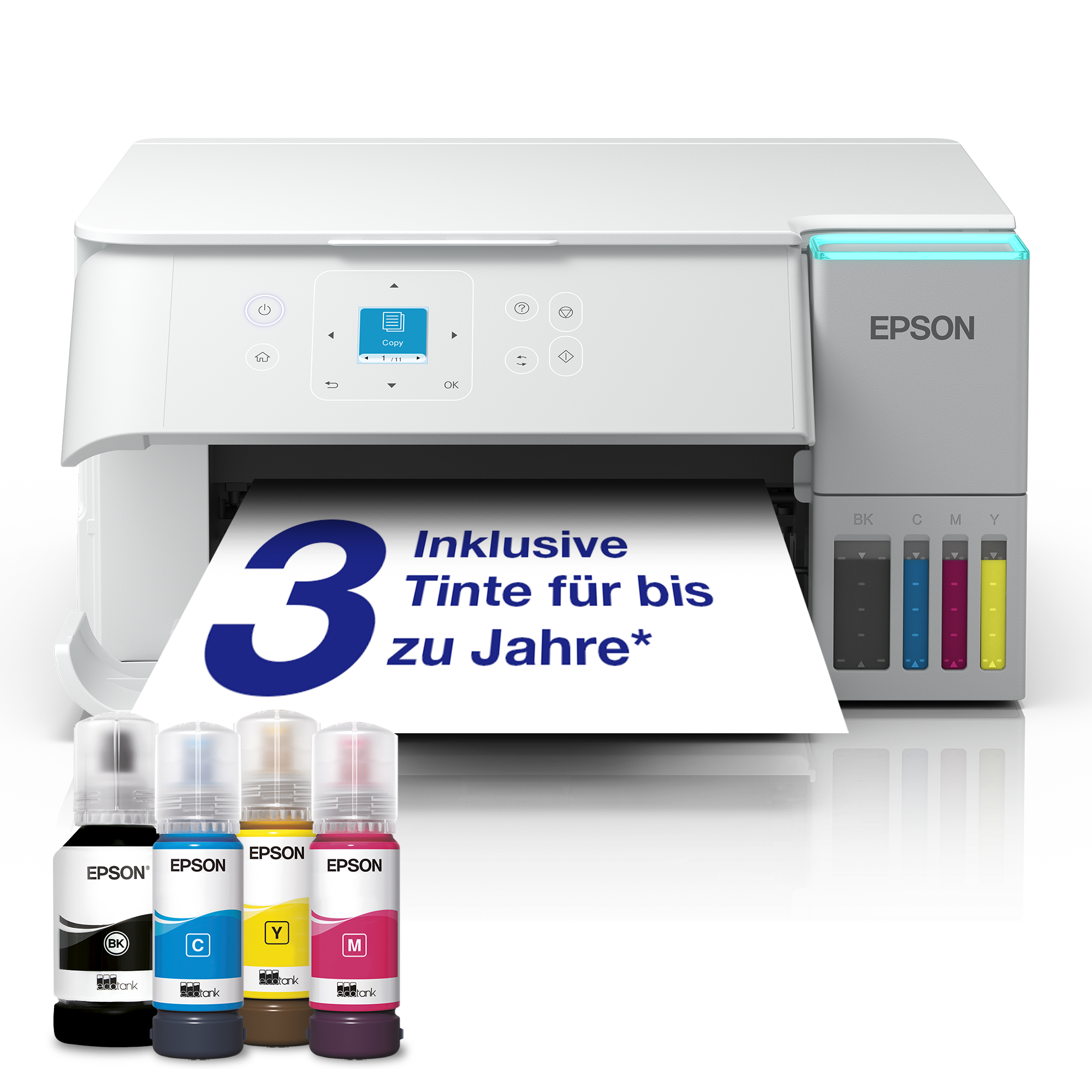 Weißer Epson-Drucker mit Tintenflaschen. Ein Papier mit "3 Jahre Tinte inklusive" befindet sich im Drucker. Tintenfarben: Schwarz, Cyan, Gelb, Magenta.