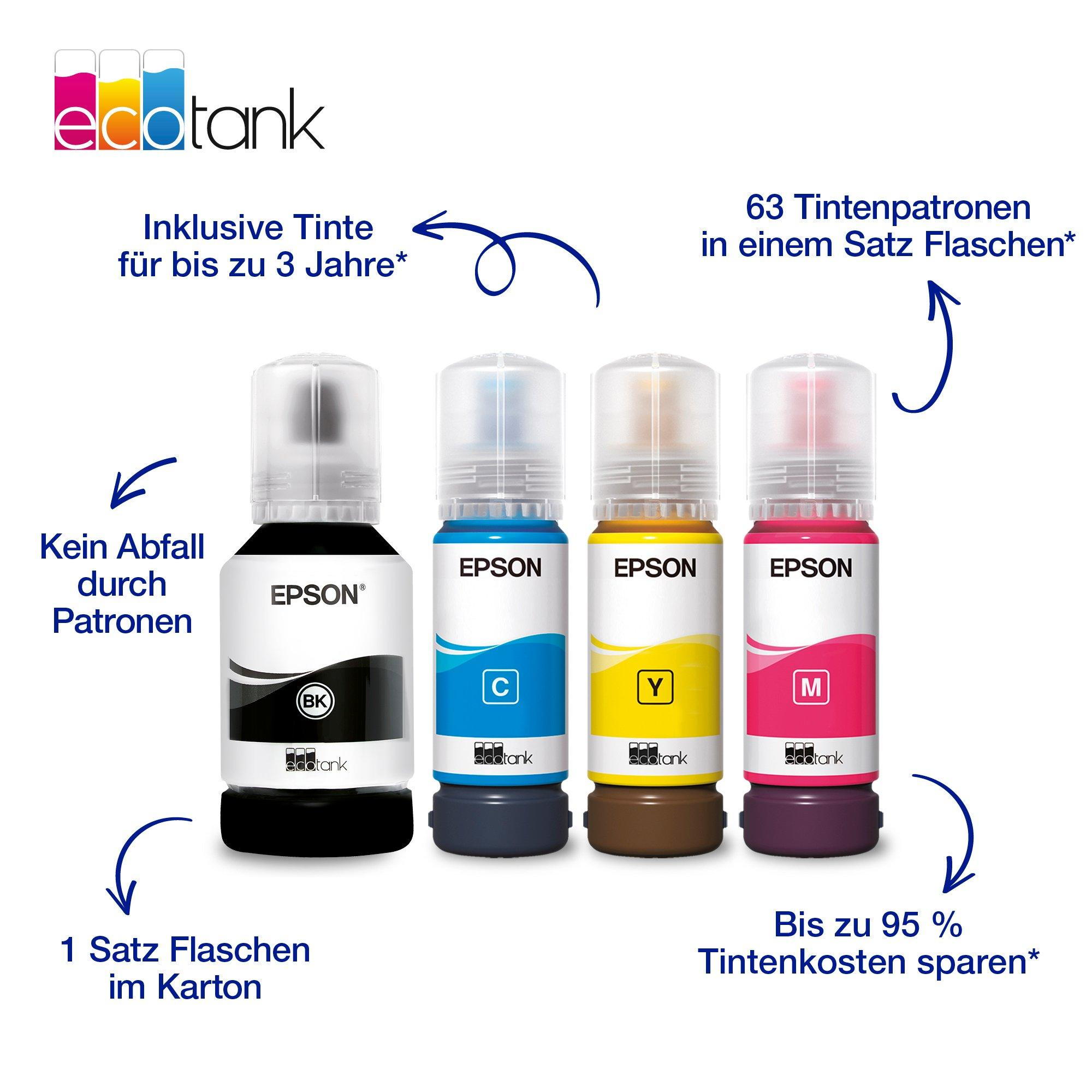 Das Bild zeigt Epson EcoTank Tintenflaschen in Schwarz, Blau, Gelb und Pink. Text hebt Funktionen und Kosteneinsparungen hervor.