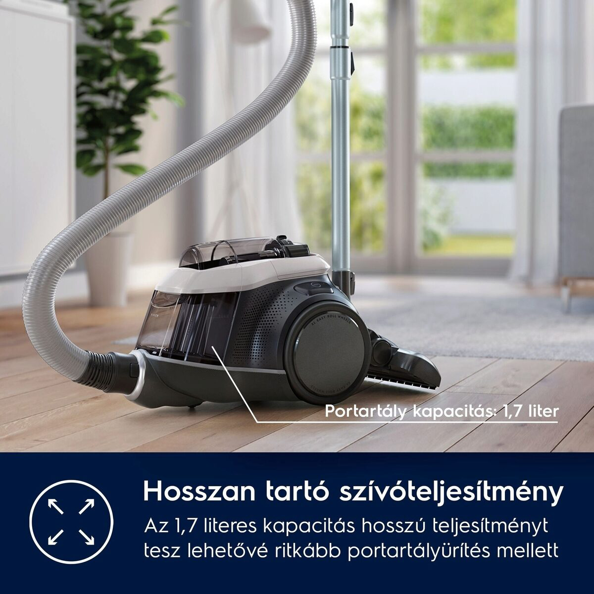 Egy fekete-fehér porszívó a fapadlón. A szöveg tartós szívóteljesítményt és 1,7 literes kapacitást ír.