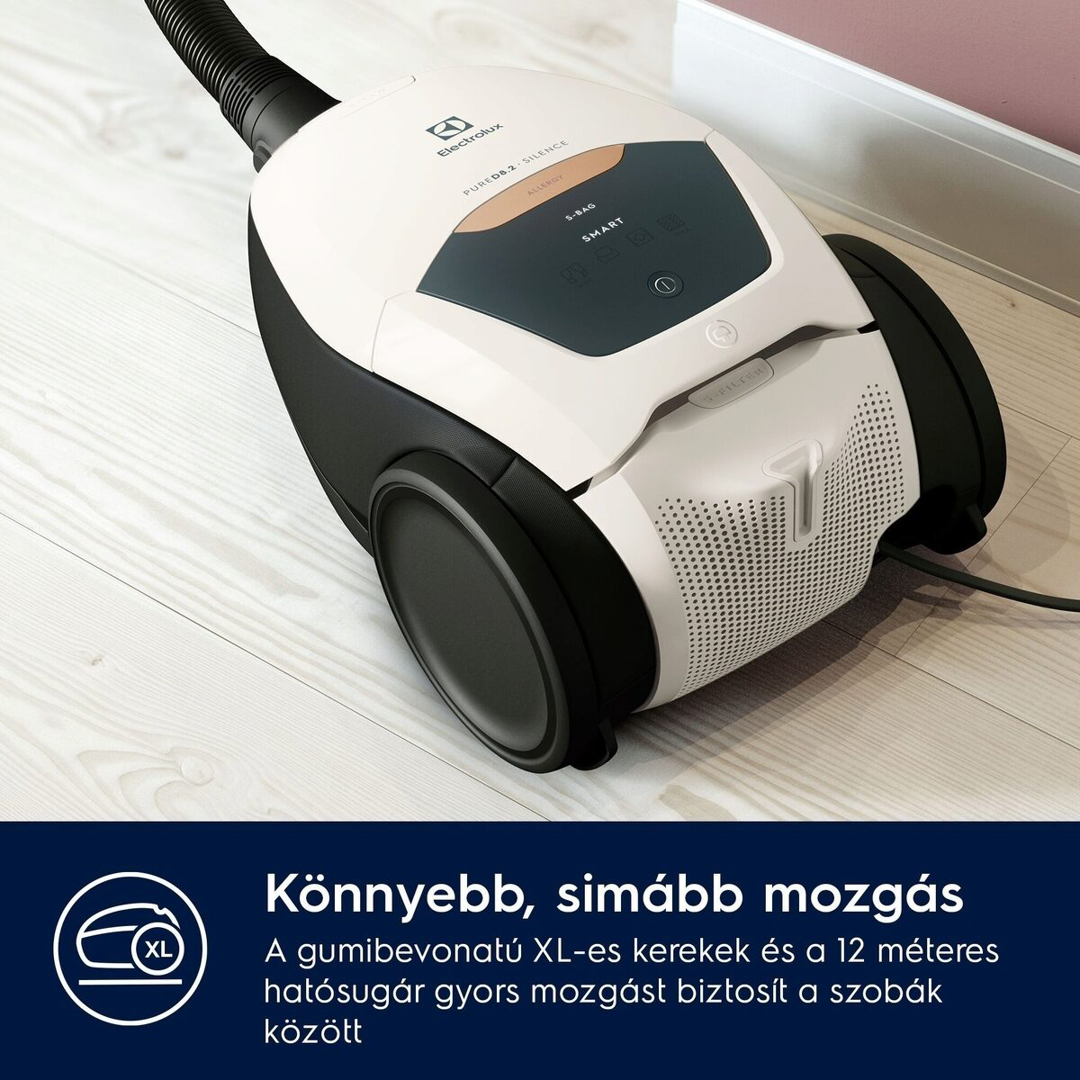 Egy fehér-fekete Electrolux porszívó fa padlón, szöveggel, amely a könnyű mozgást hirdeti.