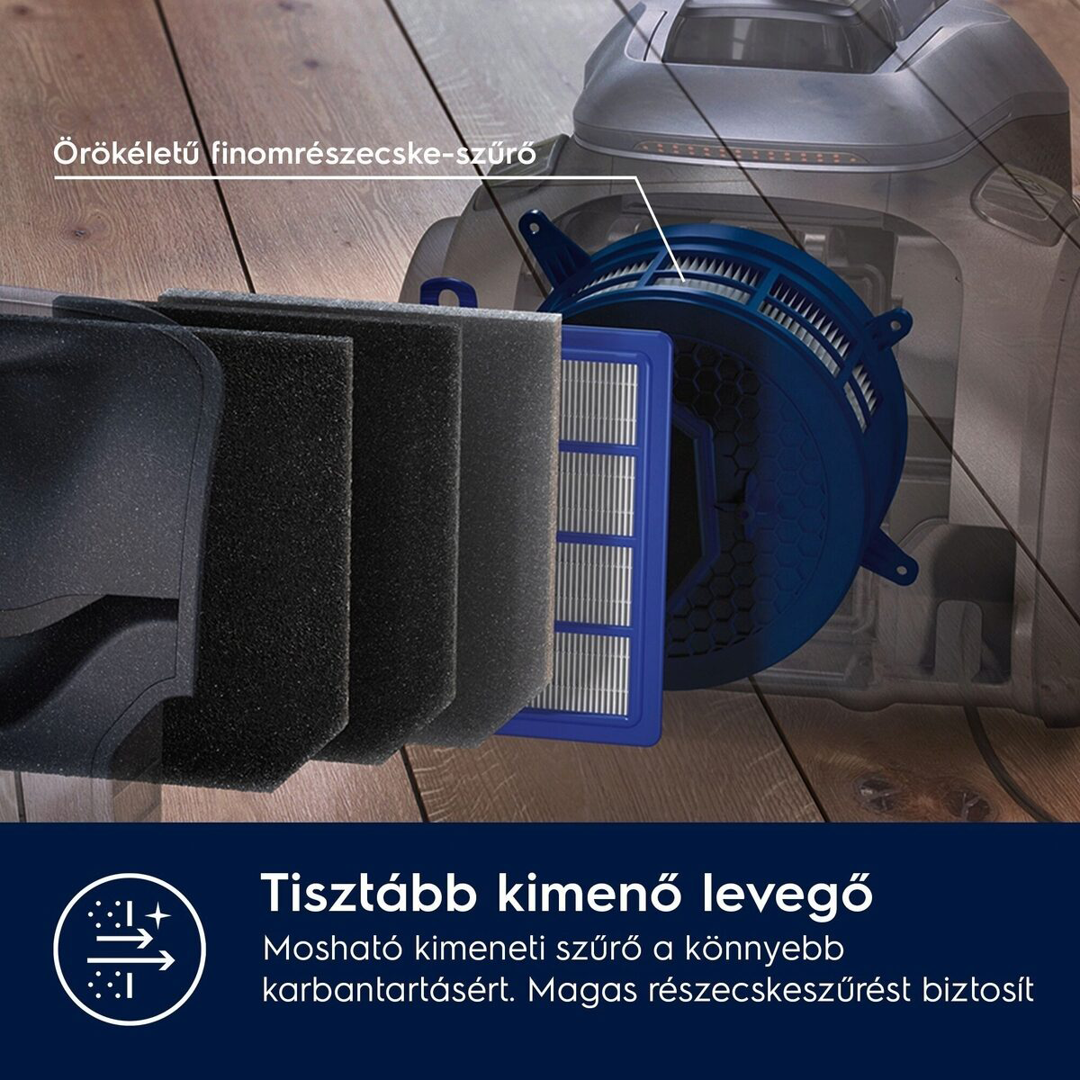Porszívó szűrők diagramja. Fekete habrétegeket, kék szűrőt és egy porszívót mutat a háttérben.