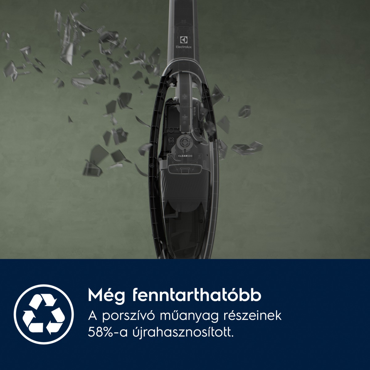 Egy Electrolux porszívó látható. A porszívó darabokban van, a szilánkok repülnek. A szöveg szerint a műanyag 58%-a újrahasznosított.